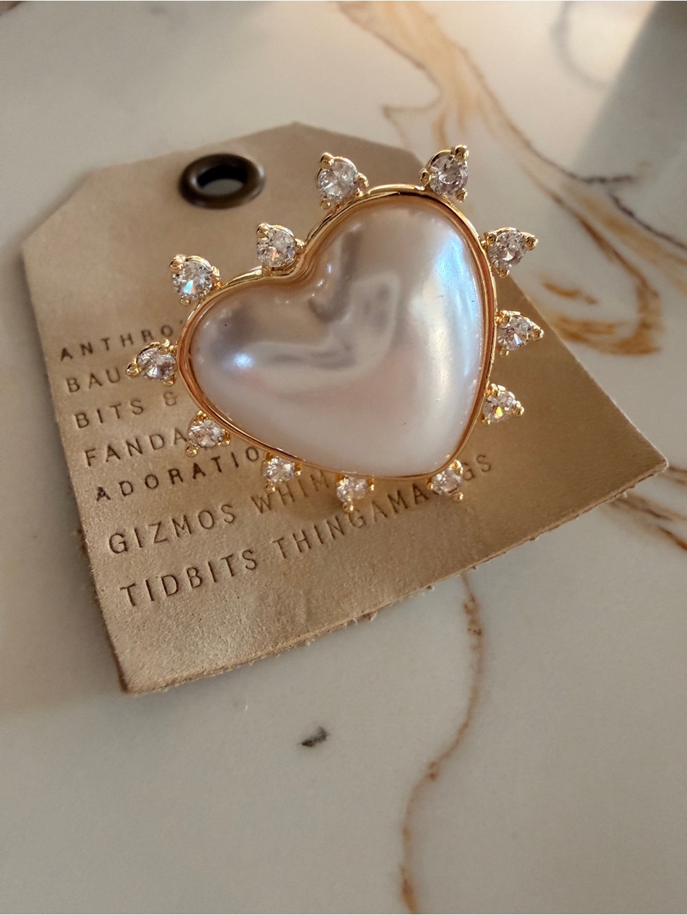 Gold-Tone White Pearl Heart Ring with Crystal